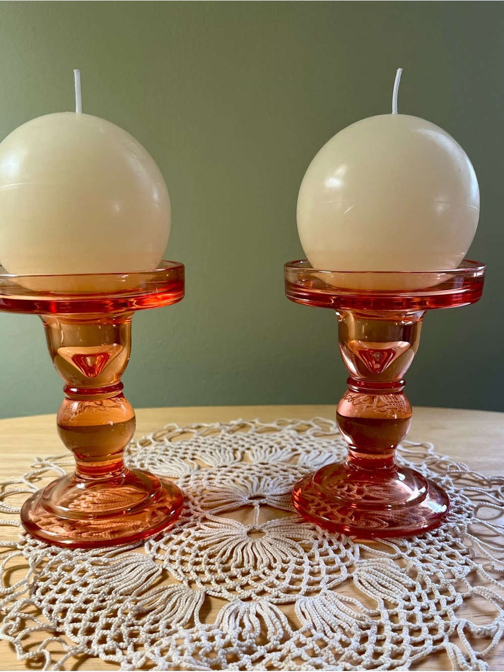 Vintage-Style Glass Candle Holders with Cream Ball Candles (Pair)